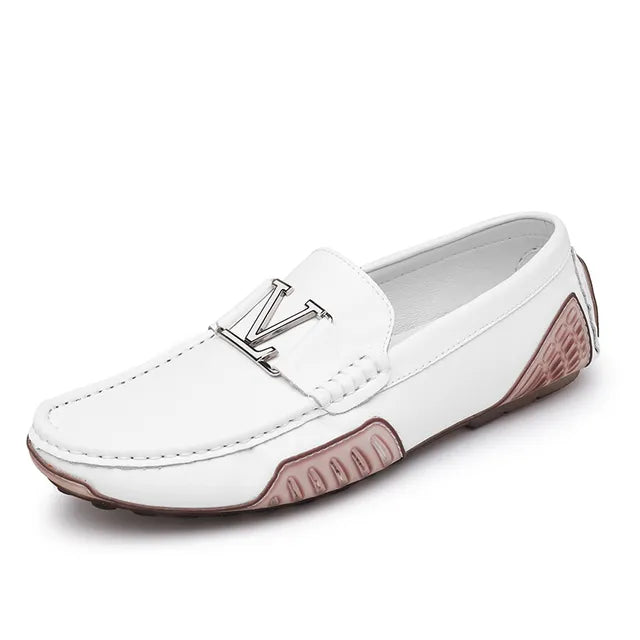 Solid V Letter Appliques Leather Loafers