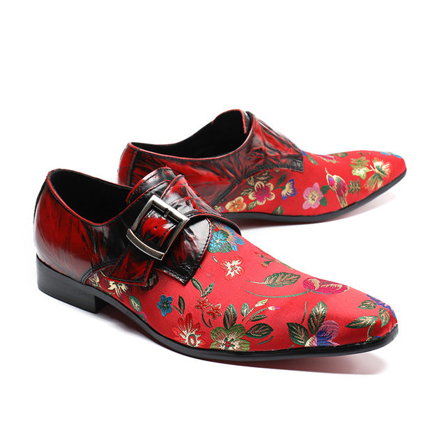 Patchwork Leather and Embroidery Fabric Men Monk Strap Shoes