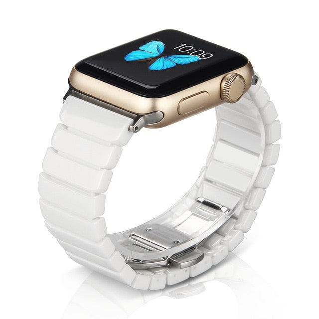 Link Style Ceramic Bracelet Apple Watch Band with Butterfly Closure