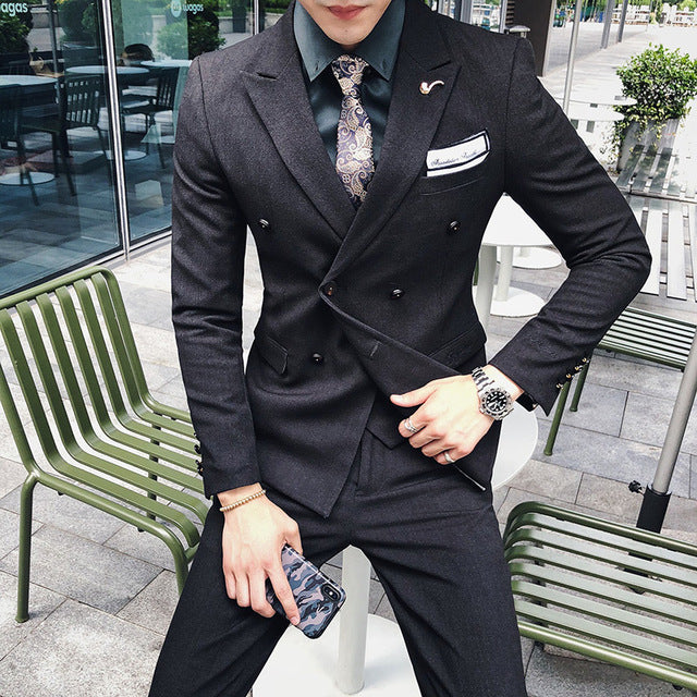 Luxury Italian Style Men Double Breasted Slim Fit Suit Set
