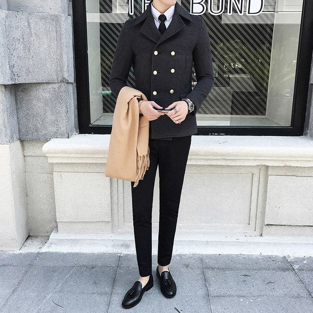 Double Breasted Turn Down Collar Men Wool Blend Slim Coat - FanFreakz