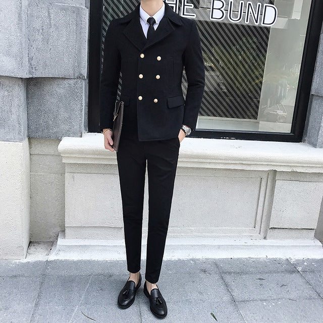 Double Breasted Turn Down Collar Men Wool Blend Slim Coat - FanFreakz