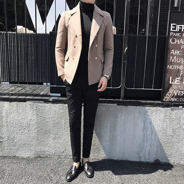 Double Breasted Turn Down Collar Men Wool Blend Slim Coat - FanFreakz