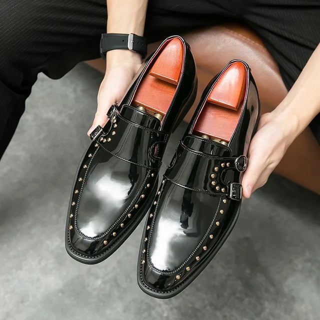 Shiny Color Rivet Leather Monk Shoes