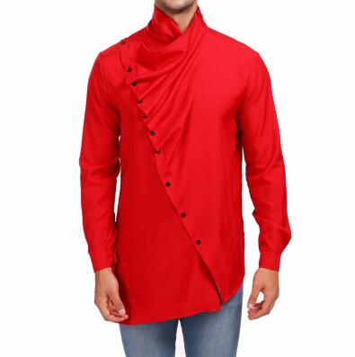 Askew Button High Neck Design Men Long Sleeves Shirt - FanFreakz