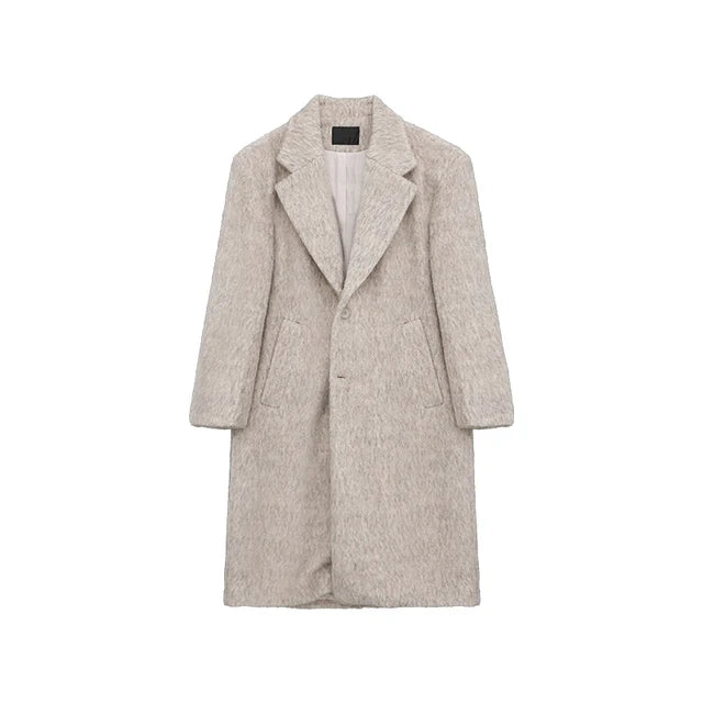 Woolen Turn-Down Collar Knee Length Pockets Coat