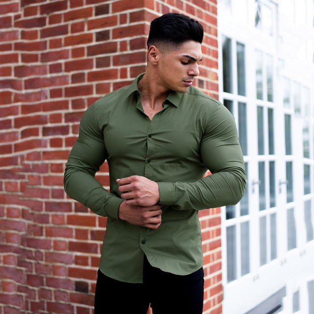 Muscular Solid Fit Casual Long Sleeve Shirt