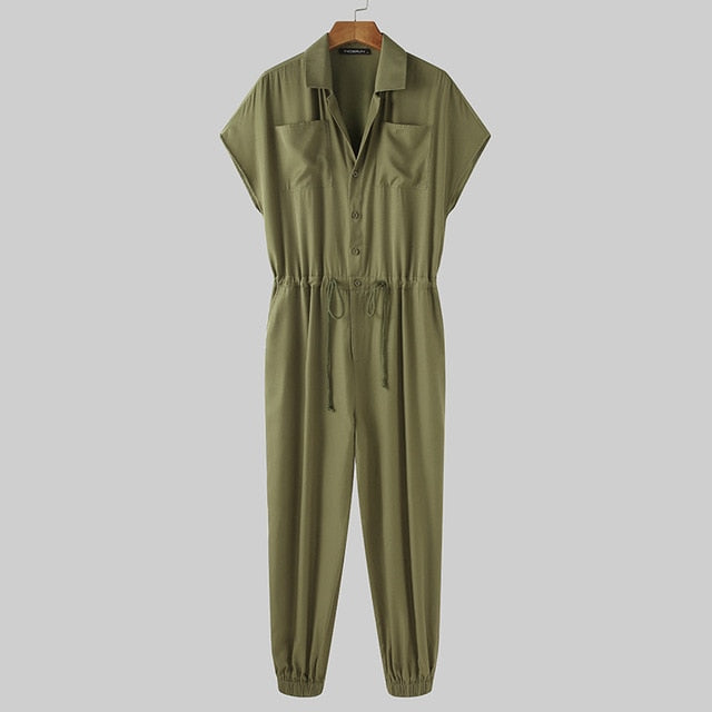 Solid Button and Drawstring Style Jumpsuit