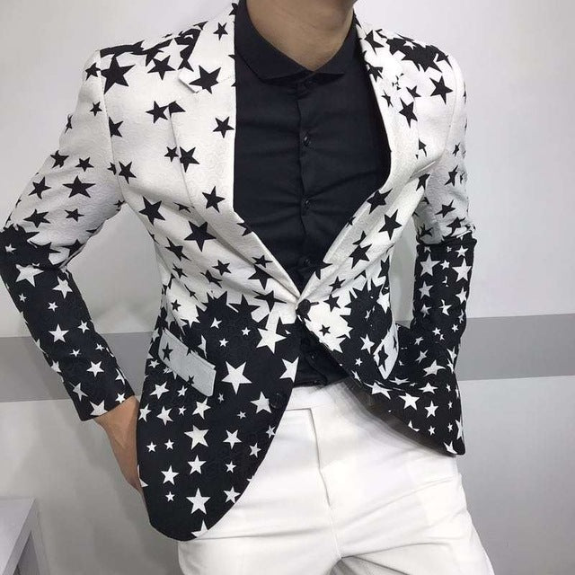 Blazer de hombre de estilo casual ajustado con estampado de estrellas en negro y blanco
