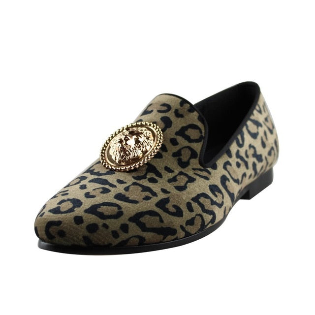 Velvet Leopard Print with Lion Emblem Men Loafers Shoes