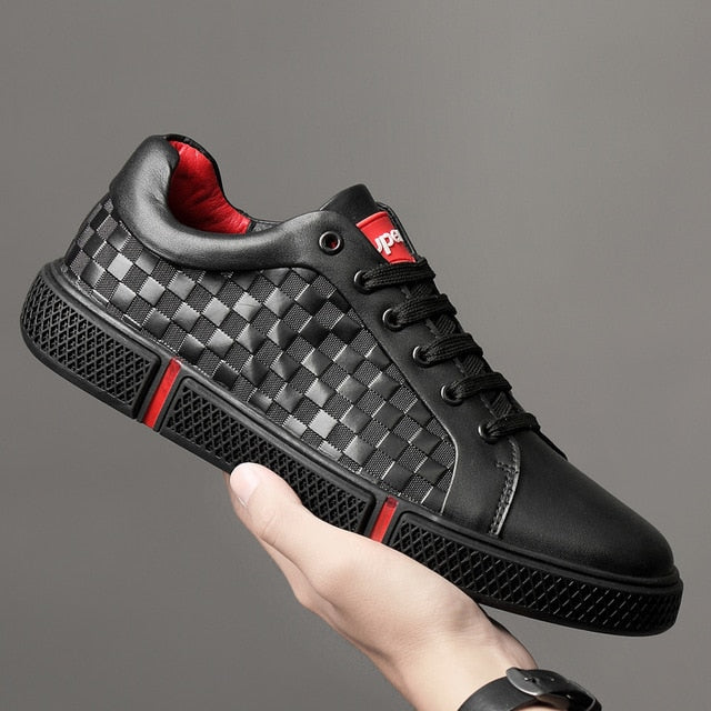 Genuine Leather Checkered Embossed Lace Up Men Sneaker