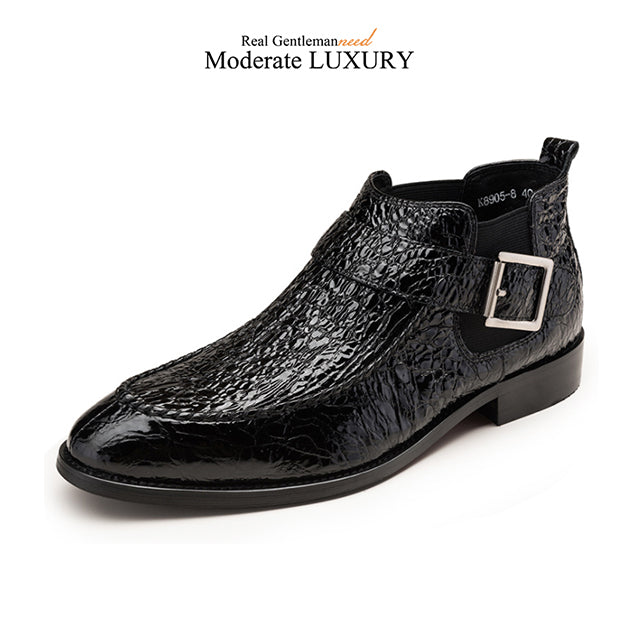 Bottines pour hommes à bout pointu avec motif croco et boucle ardillon