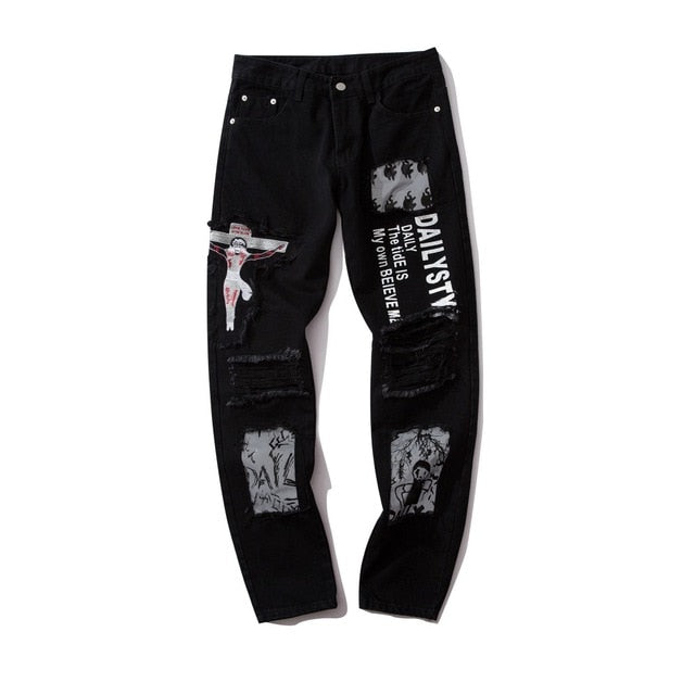Black Destroyed Ripped with Graffiti Print Streetwear Men Jeans