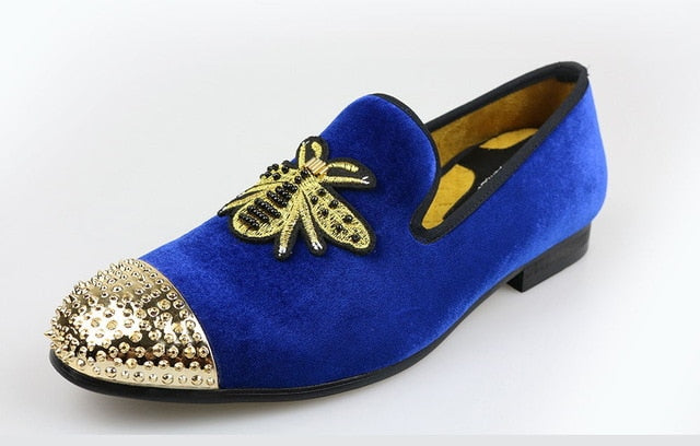 Golden Bee with Rivets Toes Men Velvet Loafers