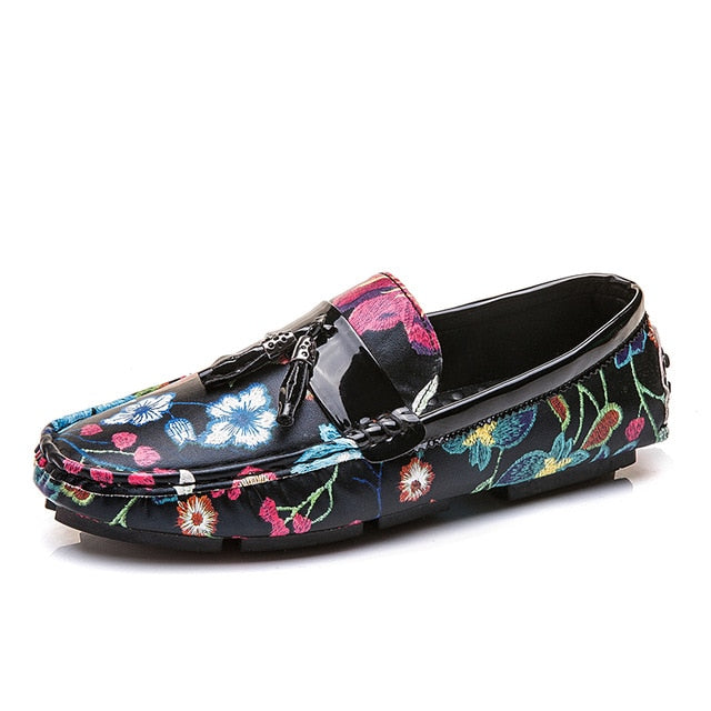 Casual verano floral en negro con detalle de borla hombres mocasines zapatos