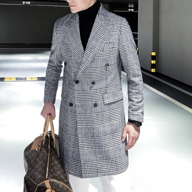 Manteau croisé à carreaux de style coréen