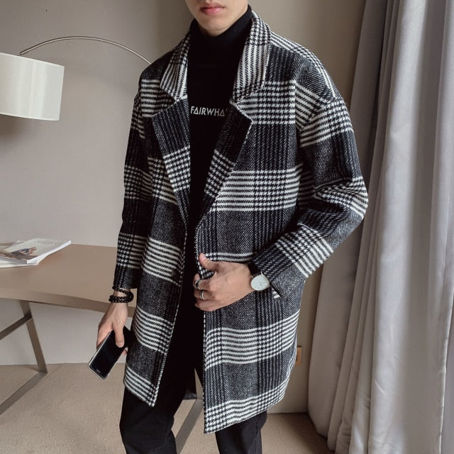 Black Grey Plaid Pattern Long Coat