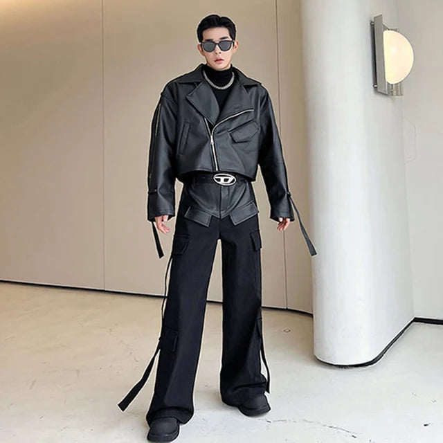 Leather Spliced Black Pants Set