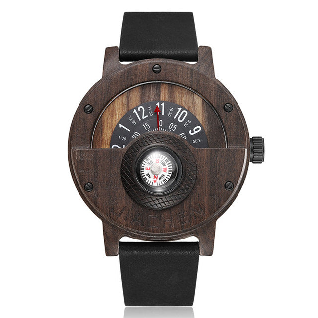 Unique Compass Turntable Number Design Men Wooden Watch