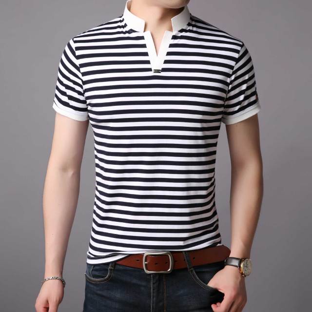 Minimalist Striped Stand Collar Style Polo Shirt