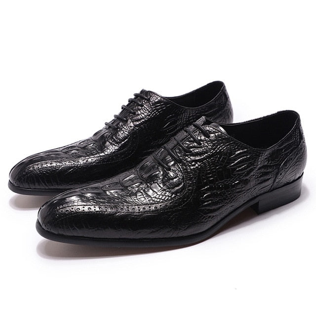 Pointed Toe Black Brown Crocodile Pattern Design Men Shoes