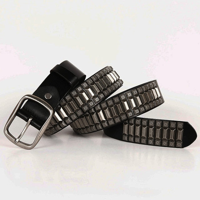 Geometric Metal Studded Genuine Leather Belt