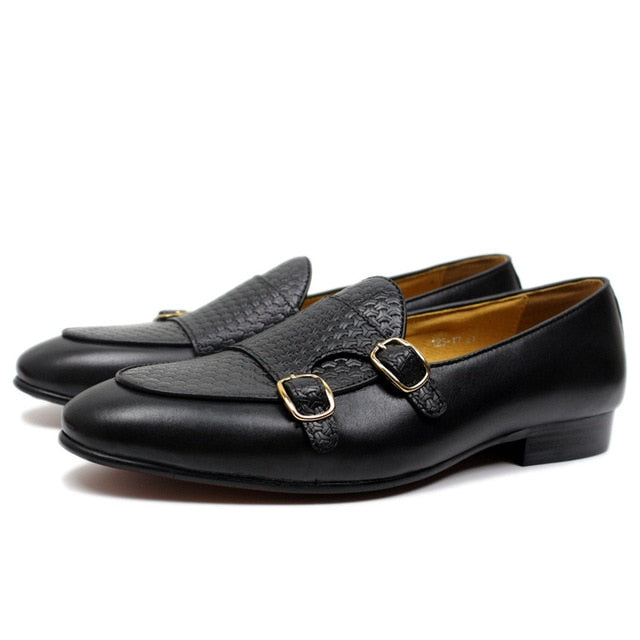 Pointed Toe Braided Monk Strap Leather Formal Style Men Loafers Shoes