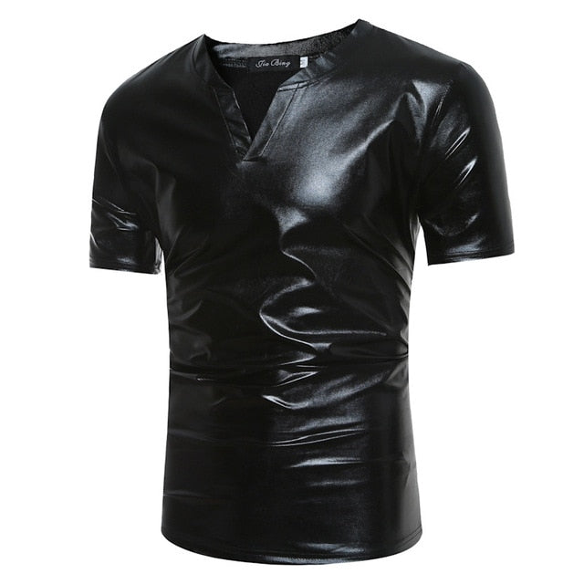 T-shirt pour hommes de style décontracté à col en V métallique enduit brillant