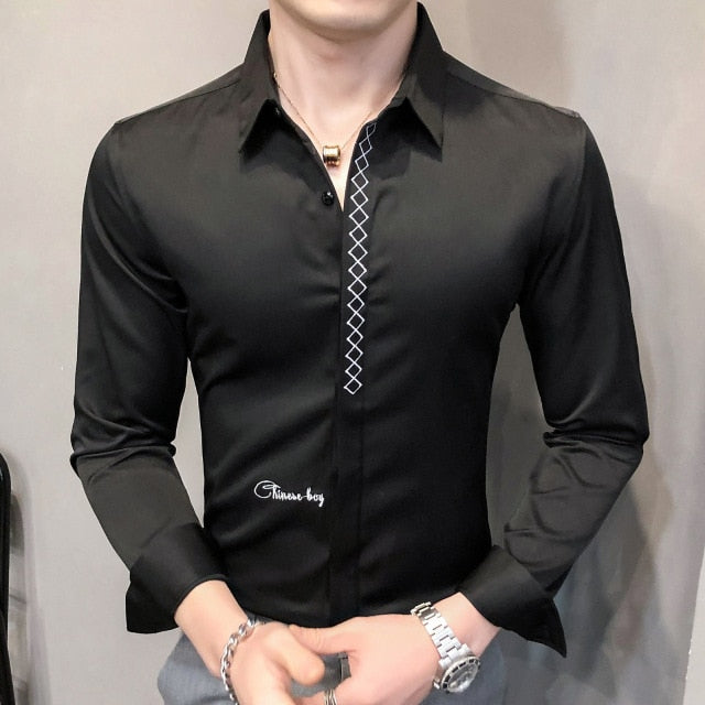 Diamond Line Decorated Solid Color Long Sleeve Shirt