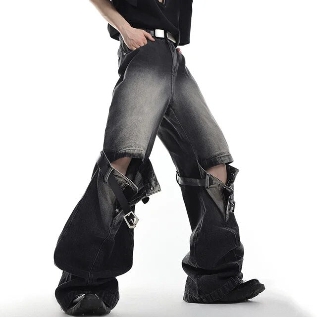 Hollow Patchwork Wide Leg Denim Pants