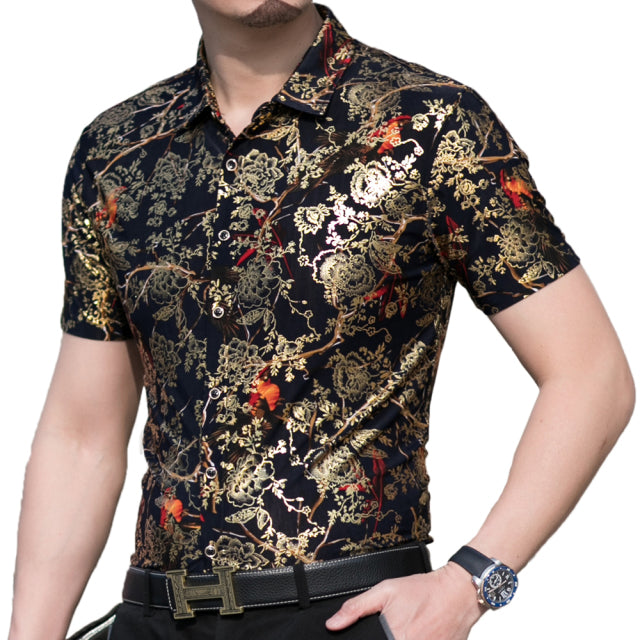 Gold Floral Printed Polyester Shirt