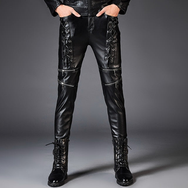 Dashing Leather Rope Zipper Biker Style Hombres Slim Fit PU Pantalones de cuero