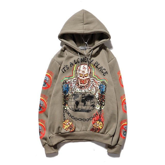 Skull Graffiti Style Printed Men Loose Hoodie