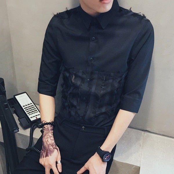 Fourrure Dentelle Patchwork Détail Robe Style Hommes Chemise Slim Fit