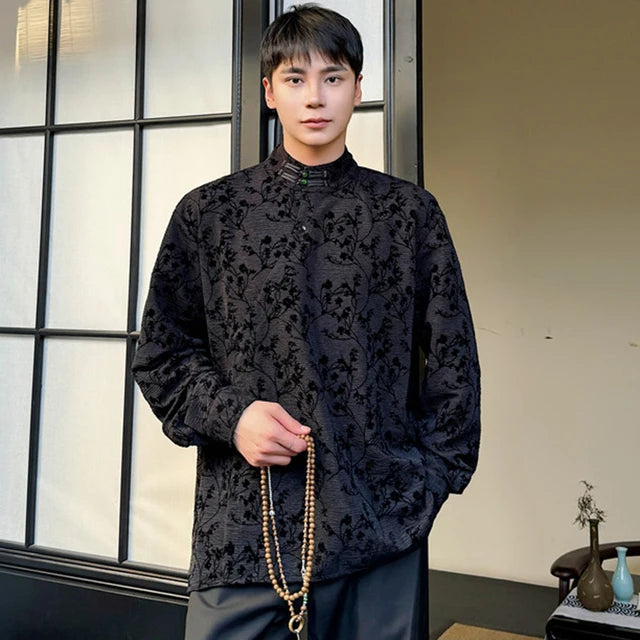 Floral Flocking Stand Collar Shirt