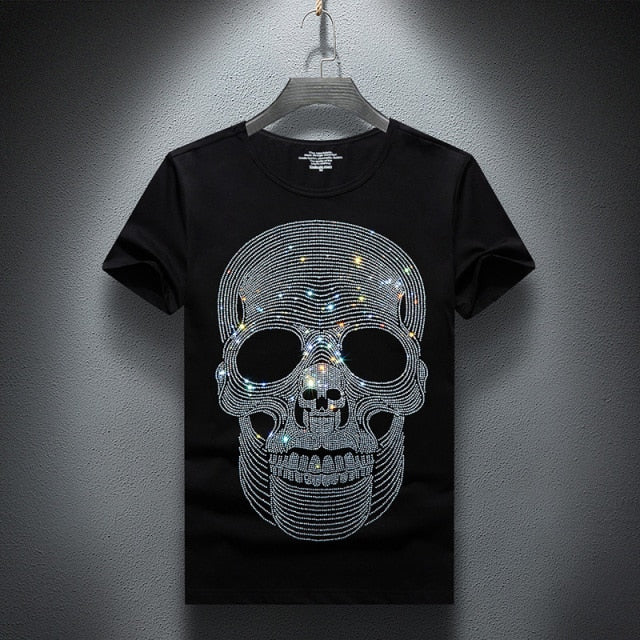 Striped Skulls Rhinestones Decorated T-Shirt