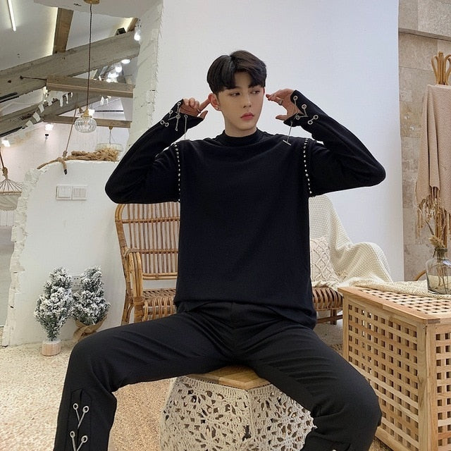 Cool White Black with Chain and Rivet Long Sleeve Pullover Shirts - FanFreakz