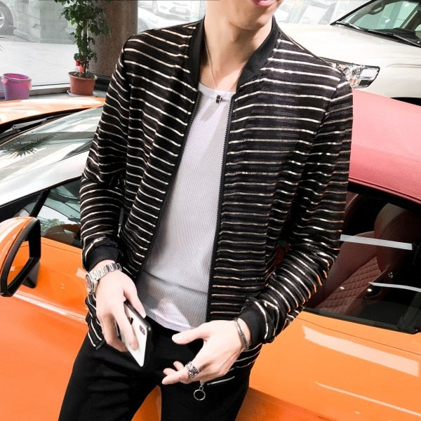 Elegant Black with Horizontal Striped Summer Outer Style Men Jacket