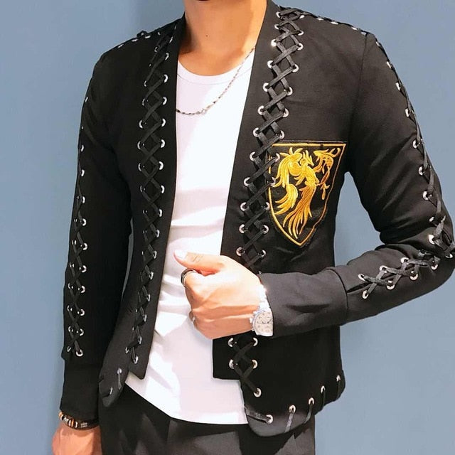 Embroidered and Cross-Stitch Style Collarless Blazer