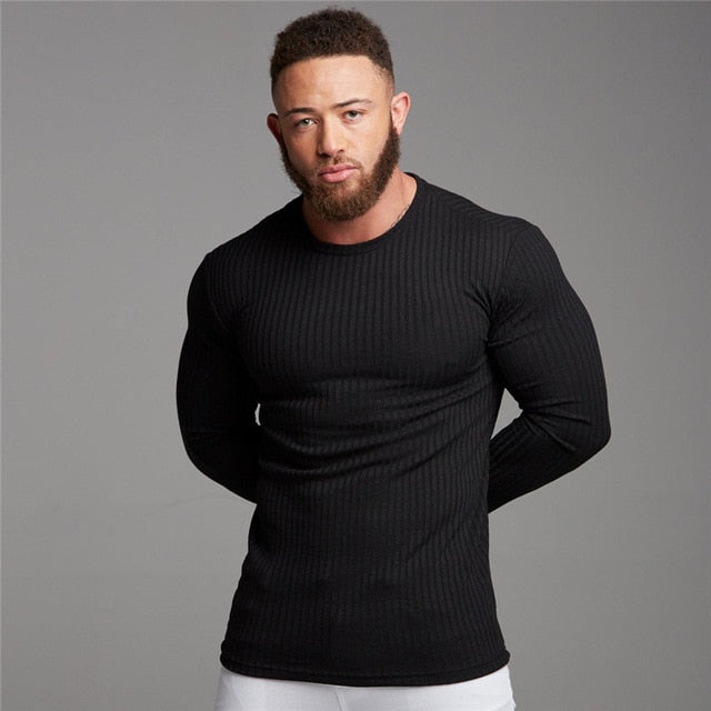 Ribbed Knit O Neck Men Slim Fit Pullover