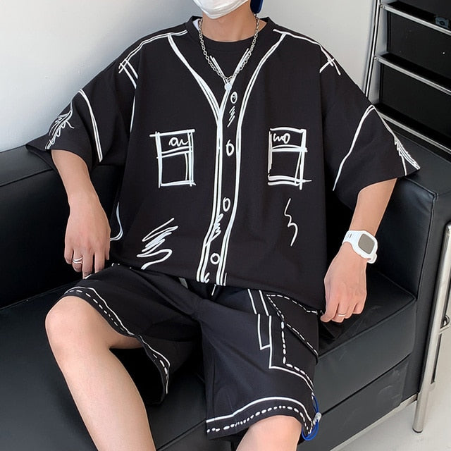 Hand-Painted Line Polyester Shorts Set