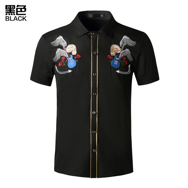 Skulls With Wings Embroidery Decorated Shirt