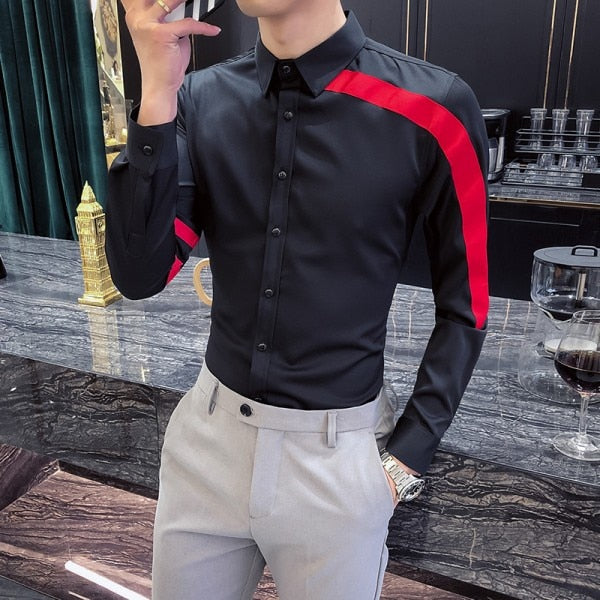 Simple Red Ribbon Patchwork Modern Style Men Shirts