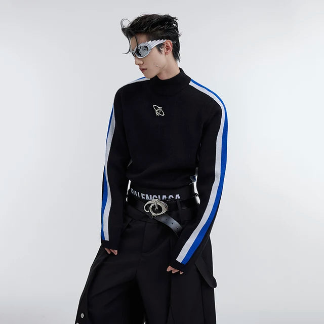 Black Striped Sleeve Polyester Sweater