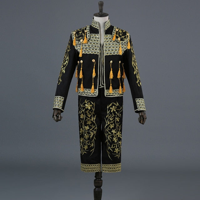 Gold Embroidery Tassel Sequin Black Stage Set Costume Men Blazer