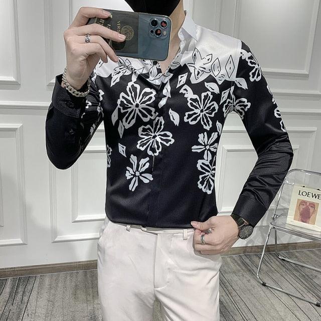 Black White Flower Patchwork Printed Shirt