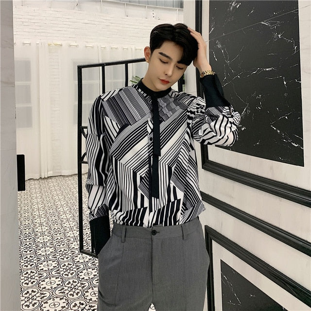 Rayé géométrique noir blanc avec cravate décontractée hommes chemises à manches longues