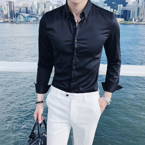 Solid Basic Business Men Long Sleeves Shirt