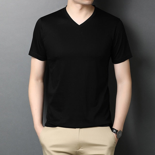 Solid V-Neck Smooth Cotton T-Shirt