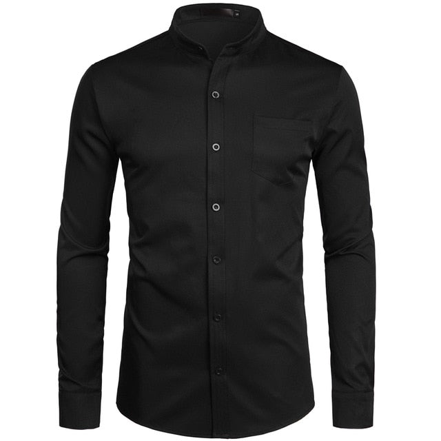 Solid Color Mandarin Collar Slim Fit Shirt
